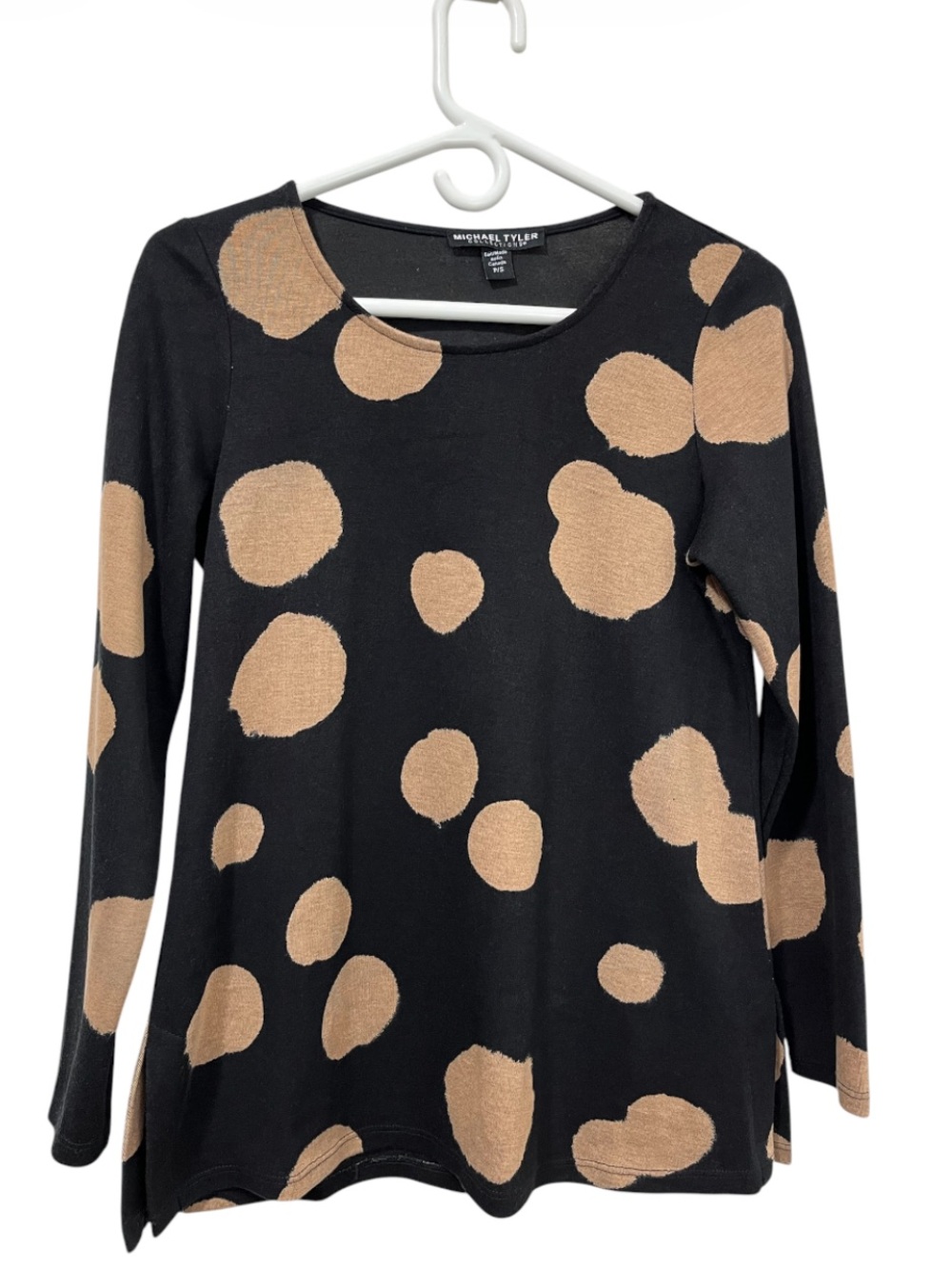 Michael Tyler Black Long-Sleeve Dot Print Top - Tan Spots - Made in Canada